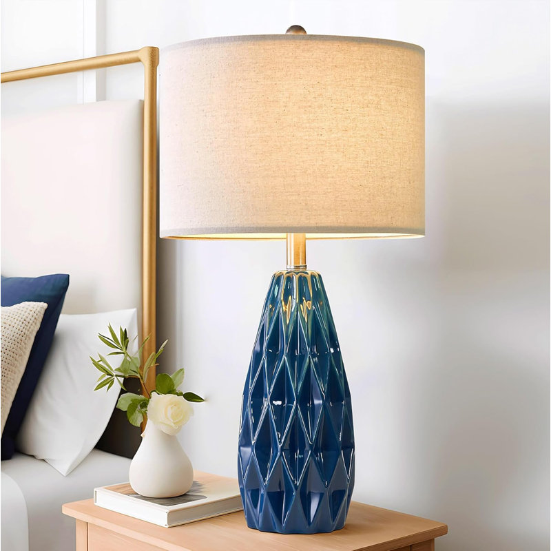 Modern Blue Ceramic Table Lamp Set with Beige Linen Shades