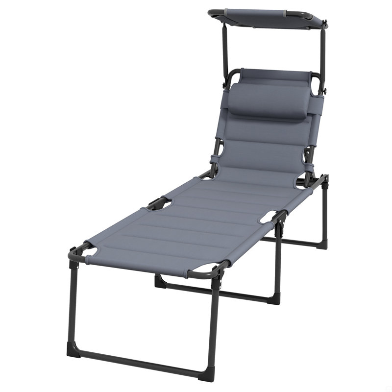 Outdoor Lounge Chair, Adjustable Backrest Folding Chaise Lounge, Cushioned Tanning Chair W/Sunshade Roof & Pillow Headrest