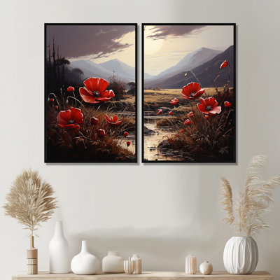Red Crimson Flowers Embrace - Floral Flower Wall Art