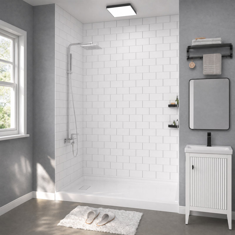 60'' W 32'' D 96'' H Matte White Solid Surface Shower Wall Panel Surround, Quick Install & Cuttable, 0.197" thick