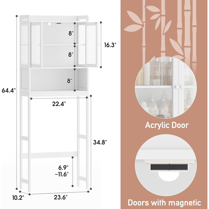 White Adjustable Over-the-Toilet Storage Rack with Acrylic Doors