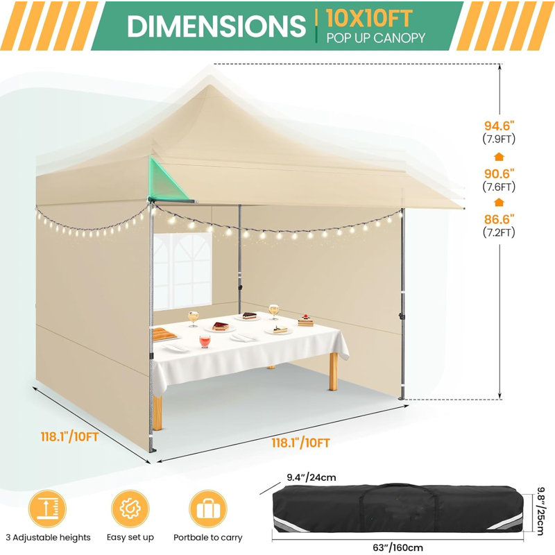 10x10 Pop Up Canopy with Sidewalls, Khaki