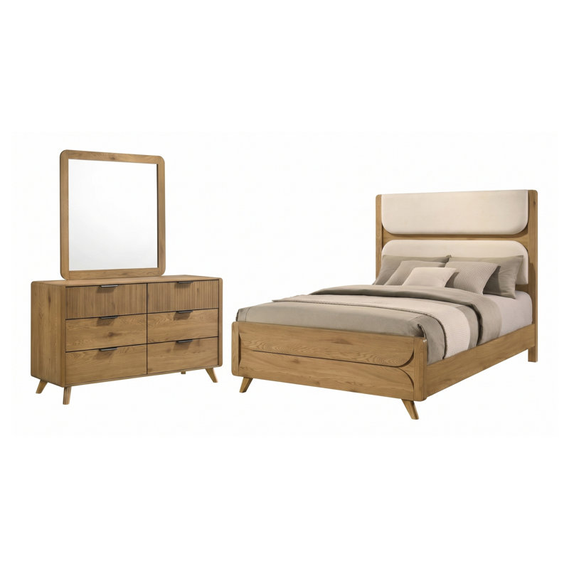 Ensemble de chambre à coucher Sinclair en chêne clair, 3 pièces, comprenant un lit à panneaux, une commode à 6 tiroirs et un miroir.