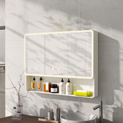 Armoire à pharmacie à DEL avec miroir anti-buée, armoire de rangement murale en plastique-aluminium avec tablette ouverte, lumière chaude et contrôle tactile, installation facile, pour meuble-lavabo