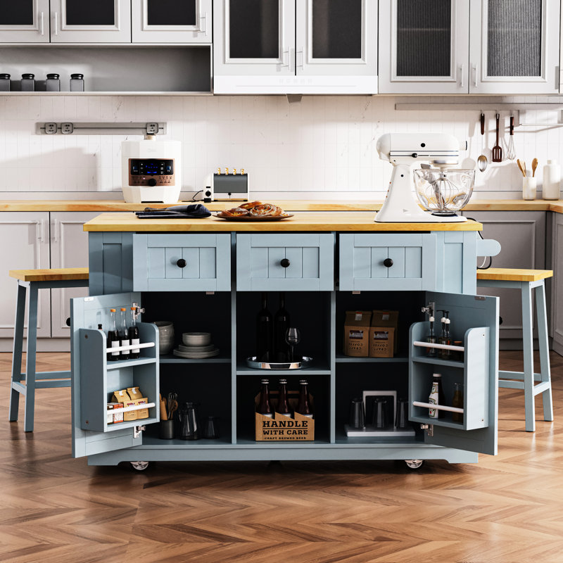 Îlot de cuisine 53 po avec 2 options de siège, adaptateur de prise de courant, compartiment de rangement interne, abattant, 3 tiroirs, 5 ouverts, bleu