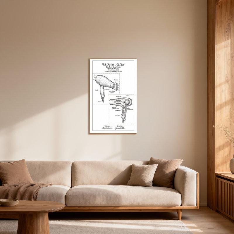 Bath & Laundry U.S. Patent Office Electric Hair Dryer Diagram, 16" H x 24" W