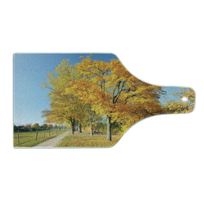 Ambesonne Fall Tempered Glass Cutting Board Maple Trees Countryside Pale Blue Yellow Green