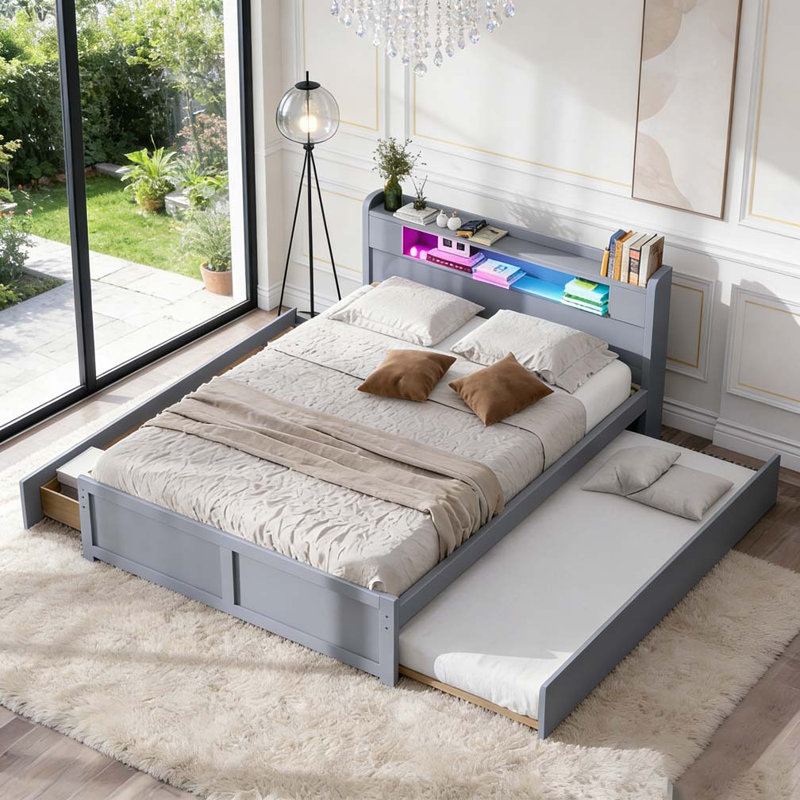 Grand lit plateforme en bois avec rangement à DEL