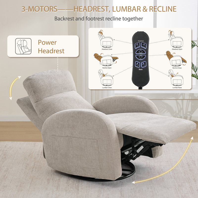 Triple Motors Power Swivel Rocker Glider Nursery Recliner with Adjustable Headrest and Lumbar Support, Round Armrest and USB Port