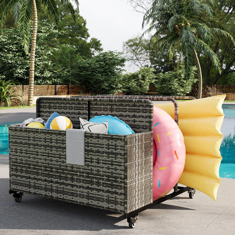 Pool Float Storage Organizer with Rolling Wheels, Outdoor PE Rattan Pool Caddy with 3-Section Storage, All-Weather Wicker Toy Basket for Poolside, Patio and Deck, Gray