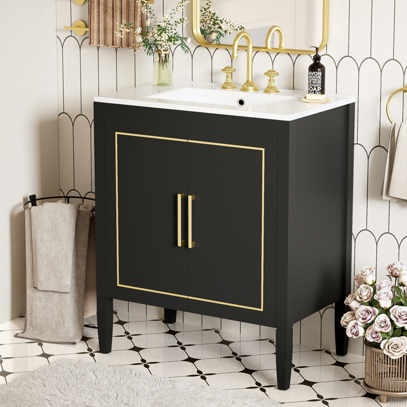 Bathroom vanity with ceramic basin, built-in hidden drawer