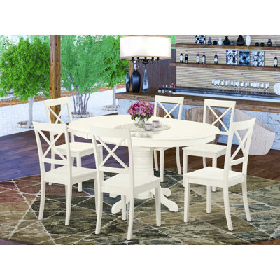 Ensemble de table de salle à manger 7 pièces composé d'une table ovale en bois avec rallonge papillon et 6 chaises de salle à manger, lin blanc