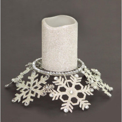 9" Silver Snowflake Glittered and Jeweled Christmas Pillar Candle Holder