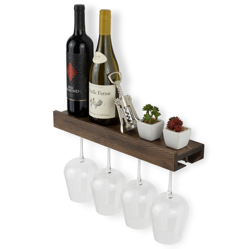 Stowell 3 Bottle Solid Wood Wall Mounted Wine Bottle & Glass Rack in Walnut