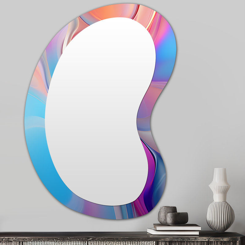Transitionnel rose et bleu formes VI - miroir asymétrique de formes transitionnelles, miroir mural décoratif de forme irrégulière rose, impression d'art en métal