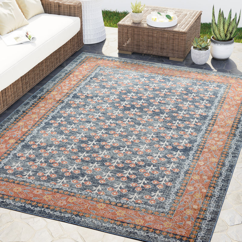 Tapis bleu marine à bordure corail Abani Kyleigh DAL110A, Rectangle 4pi x 6 pi