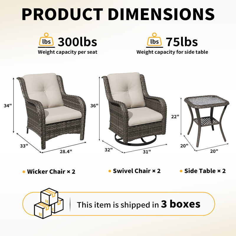6-Piece Outdoor Wicker Swivel Rocker Patio Conversation Set With Glass-Top Side Tables & Cushions, All-Weather PE Rattan Furniture For Backyard, Porch, Deck