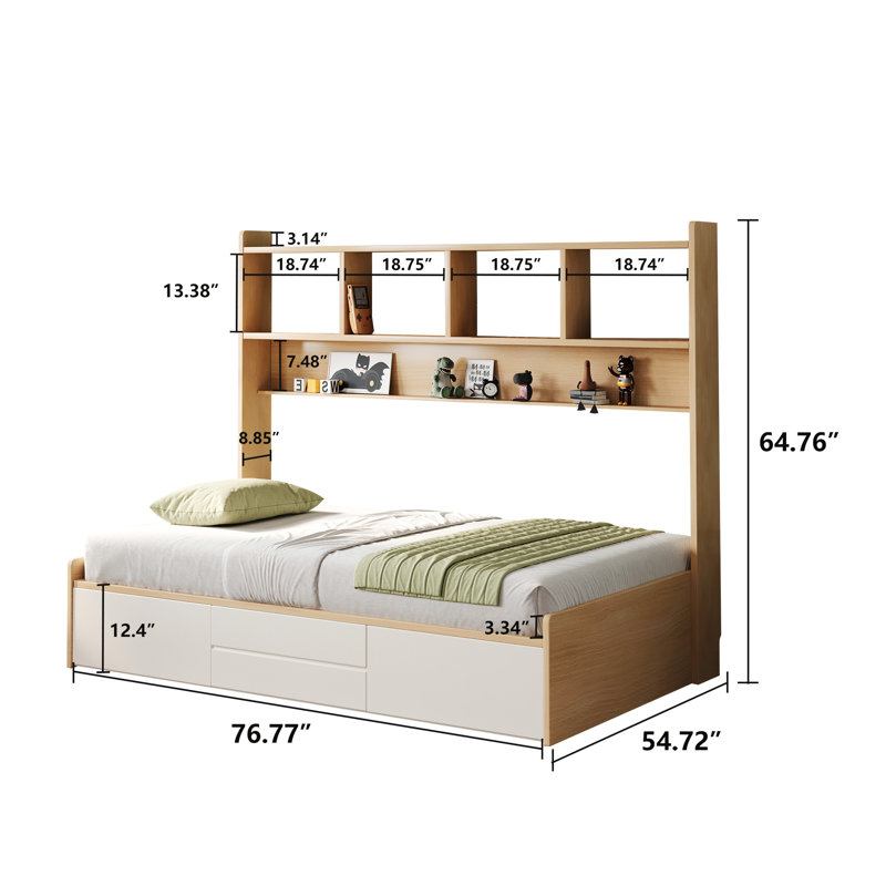 Andriena Full-size multifunctional bed with four storage drawers and  bookshelf, suitable for one person, in natural color