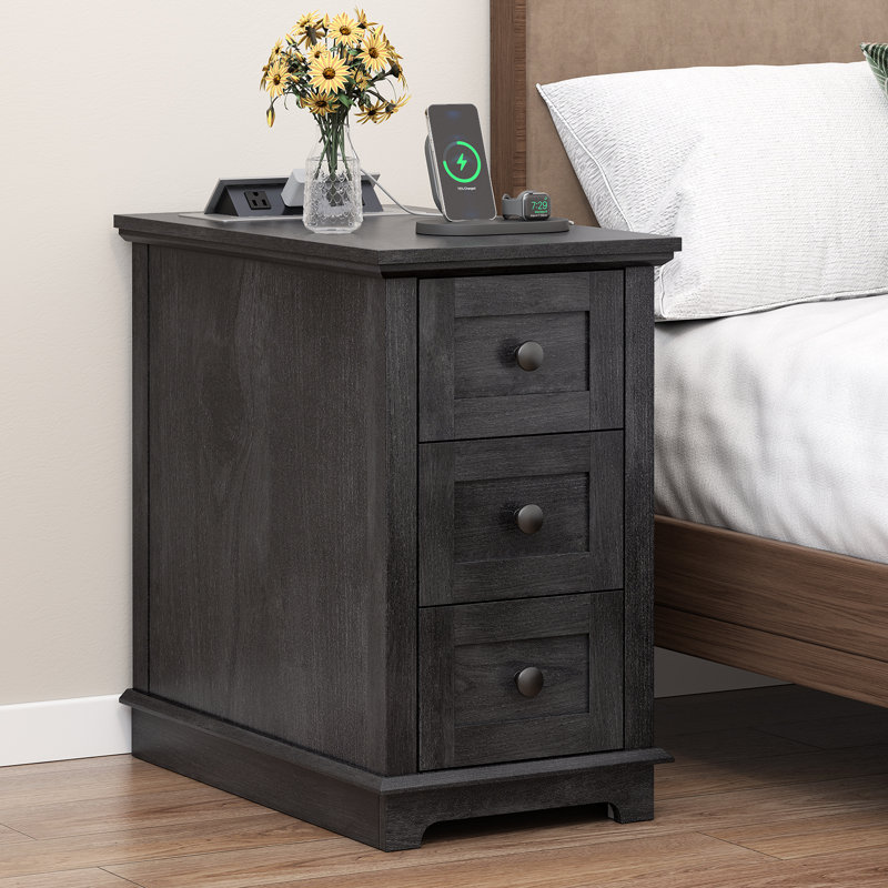 3 Drawers End Tables with Storage and Built-in Outlets for Living Room, Black Top/Black Base, 1