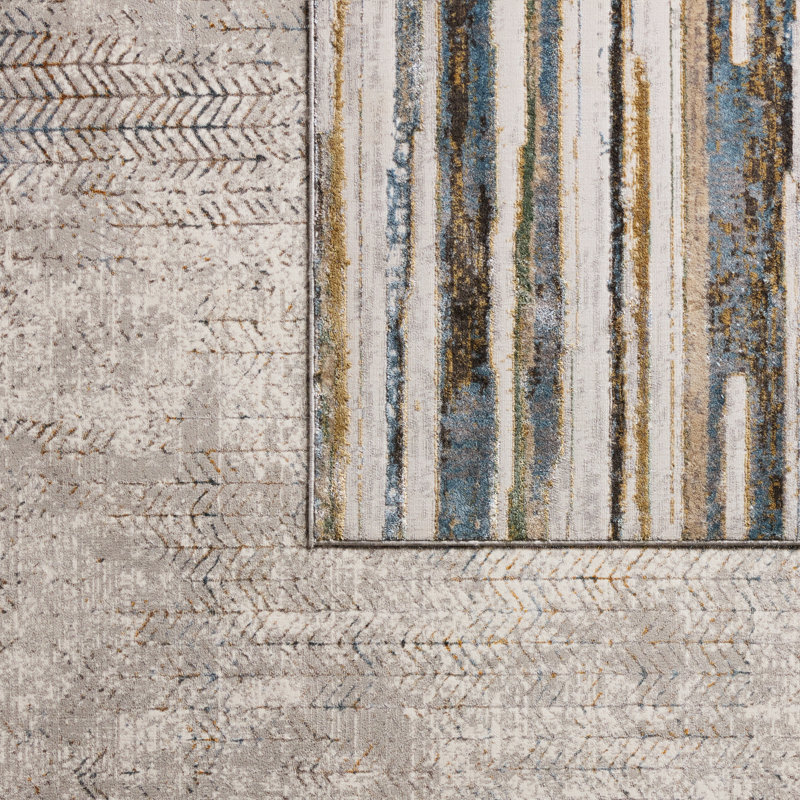 Tapis rayé bleu / crème fait à la main Ph Wilson, Rectangle 5 pi 3 po x 8 pi