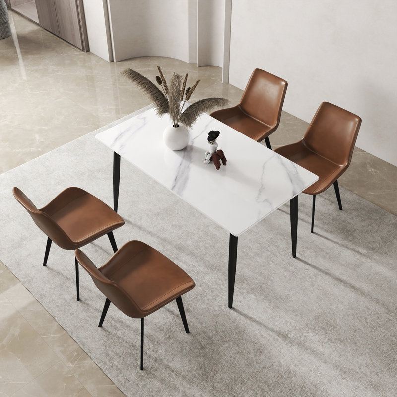 Fairy Nedek 5-Piece Modern Rectangular Dining Table Set With 4 Brown Faux Leather Chairs, Snow White