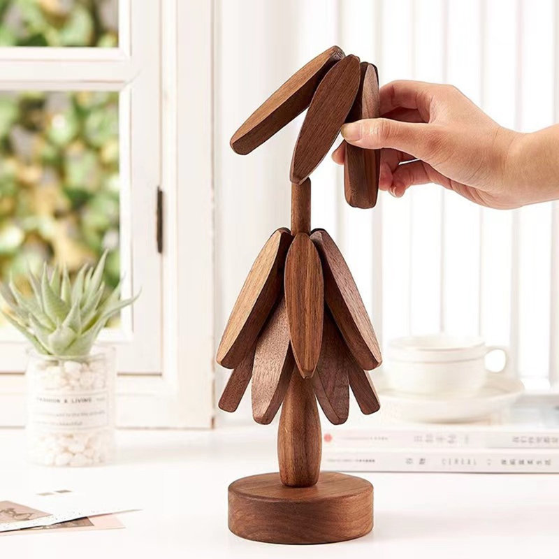 Walnut Finish Wooden Trivet with Stand and Handle