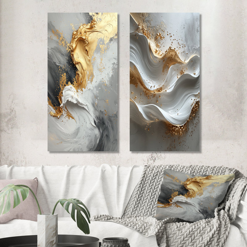 Gris et or abstrait marbre I - ensemble d'art mural en marbre 2 pièces, H 40 po x l 40 po, Toile tendue sur cadre
