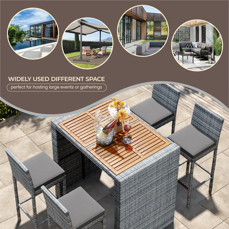 5-Pieces Outdoor Patio Wicker Bar Set