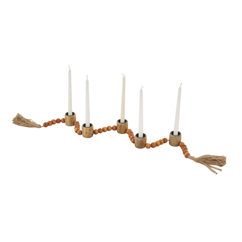 Mango Wood Garland Decorative Brown Candle Holder With Tassel, 2.2" H x 46" W x 1.9" D