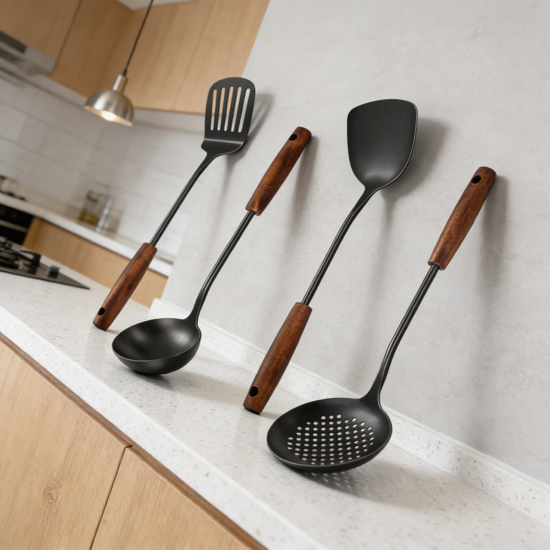 Ensemble d'ustensiles de cuisine Professional en acier inoxydable 304 avec poignée en bois, 4 outils de cuisson longs, résistant à la chaleur, lavable au lave-vaisselle, poignée ergonomique pour la cuisson et la friture