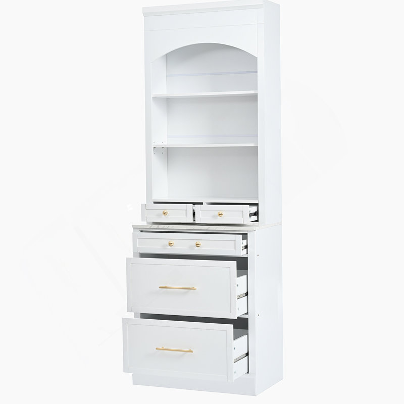 Garde-manger autoportant haut moderne de 83,7 pouces de hauteur avec comptoir en faux marbre et 5 tiroirs de rangement, blanc
