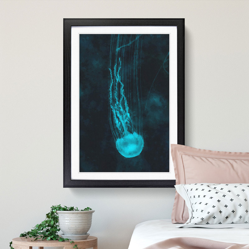 Neon Blue Jellyfish Abstract - Picture Frame Graphic Art Print, 87cm H x 62cm W x 2cm D, Black Framed