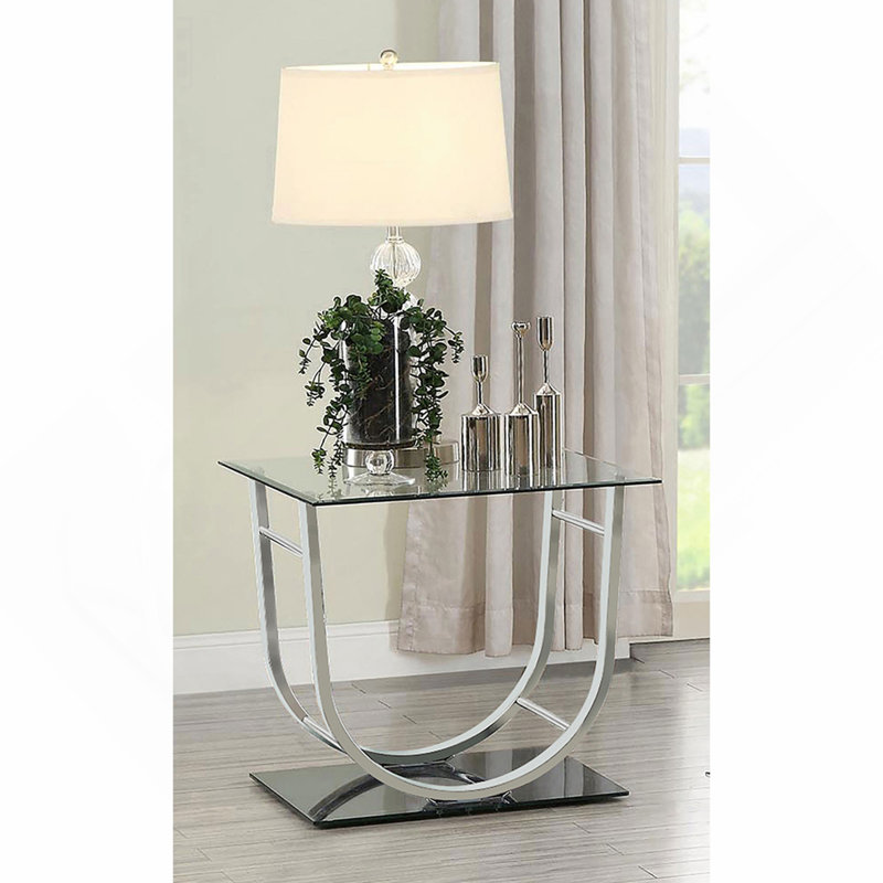 Table de bout chromée carrée en U avec plateau en verre