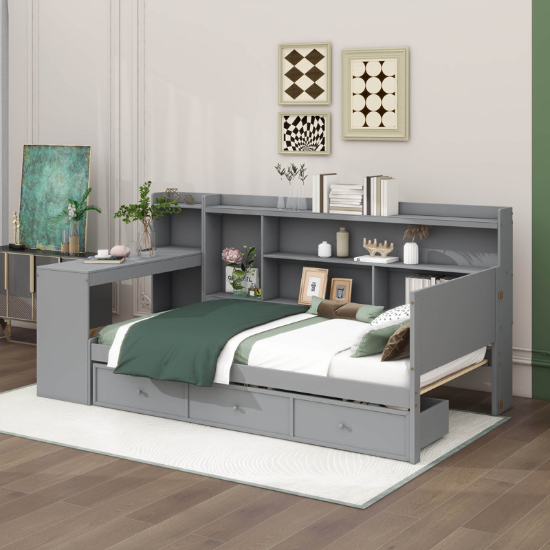 A Full-Sized Wooden Daybed With Three Built-In Drawers And Integrated USB Charging Ports, Gray