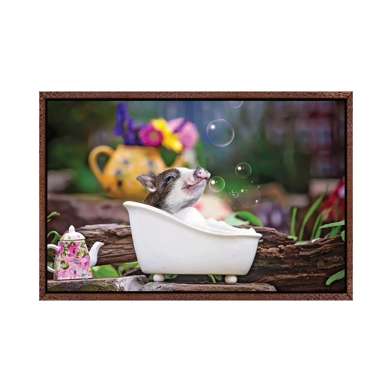 Piglet Bubble Bath by Karen Burke - Print on Canvas, Classic Brown Wood Framed, 45.72cm H x 66.04cm W x 3.81cm D