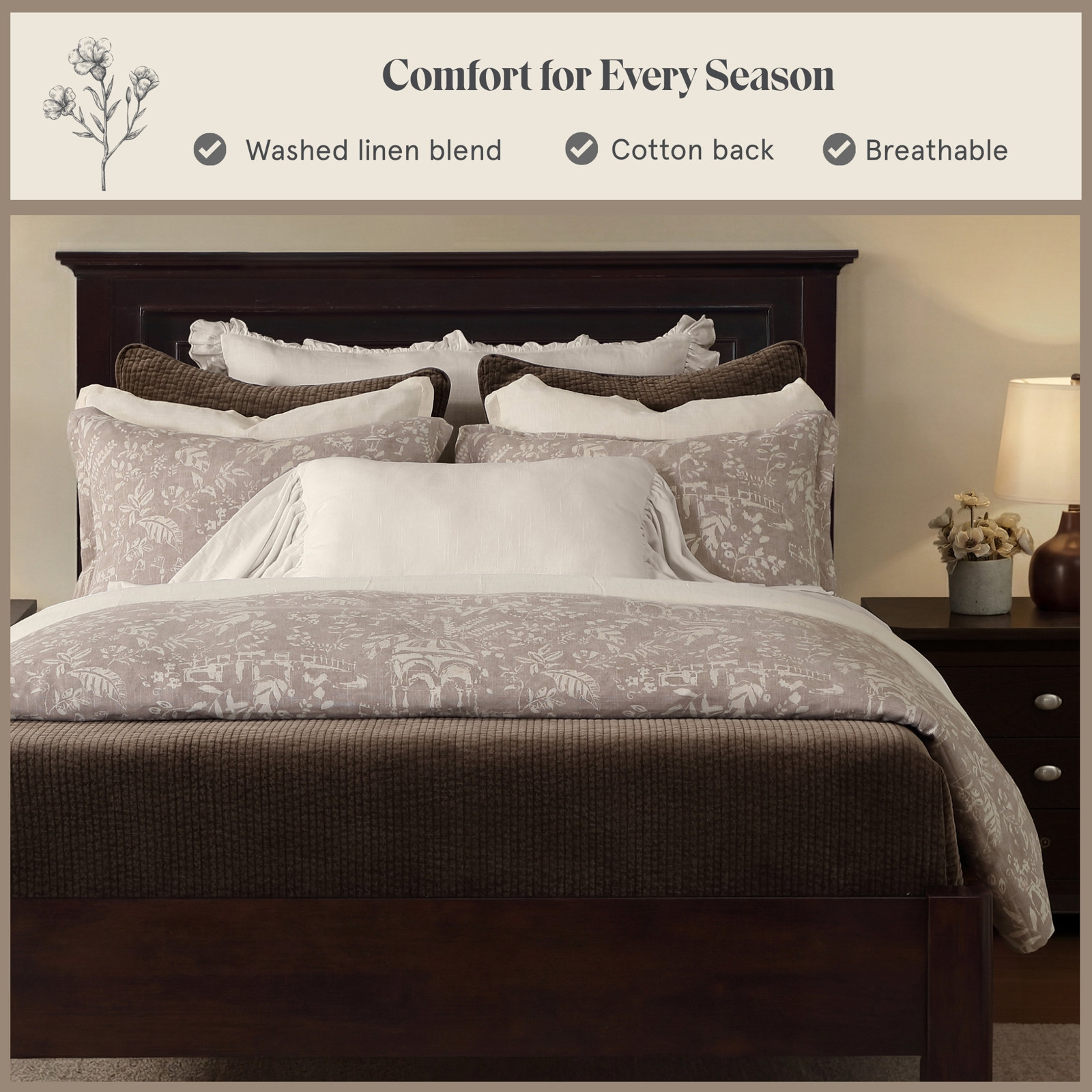 Genoa Washed Linen Blend, European Botanical Garden Pavillion Print, Updated Classics Duvet Cover Set, Light Mocha, King