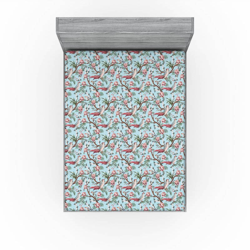 Drap-housse Ambesonne, Bleu doux, rose séchée / floral, Drap-housse très grand californien
