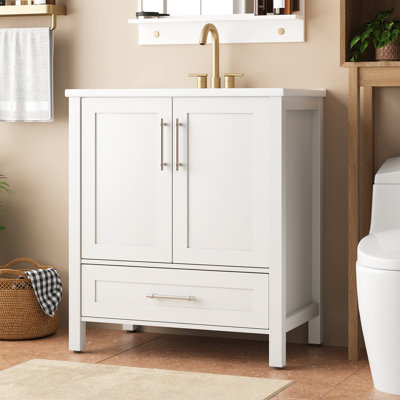 Meuble-lavabo autoportant de 30 po avec lavabo, armoire en bois naturel avec portes à fermeture en douceur et tiroir de rangement pour les salles de bain modernes