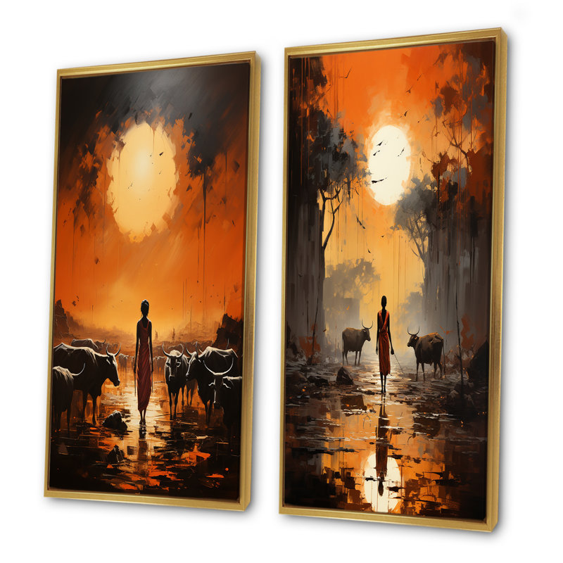 Ensemble de 2 reproductions de toiles tribales d'Afrique Dinka, Encadrement doré, H 40 po x l 41 po