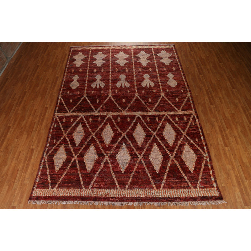 Tapis rouge / beige en laine noué à la main de conception unique 9 pi 10 po x 13 pi 10 po New Age