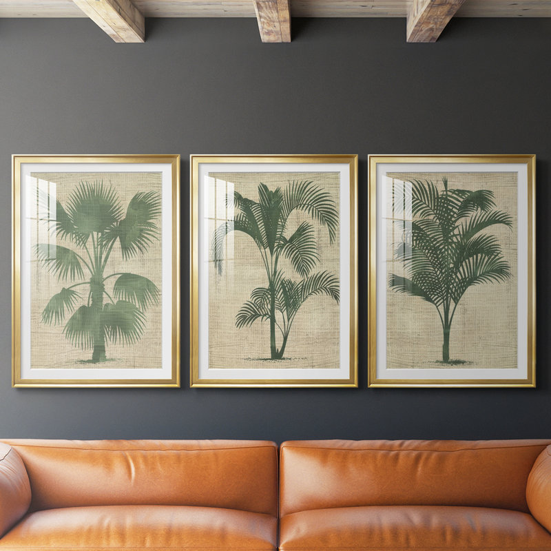 «Burlap Palm Silhouette I», impression encadrée sur mesure de qualité supérieure - 3 pièces, H 39 po x l 81 po, Doré