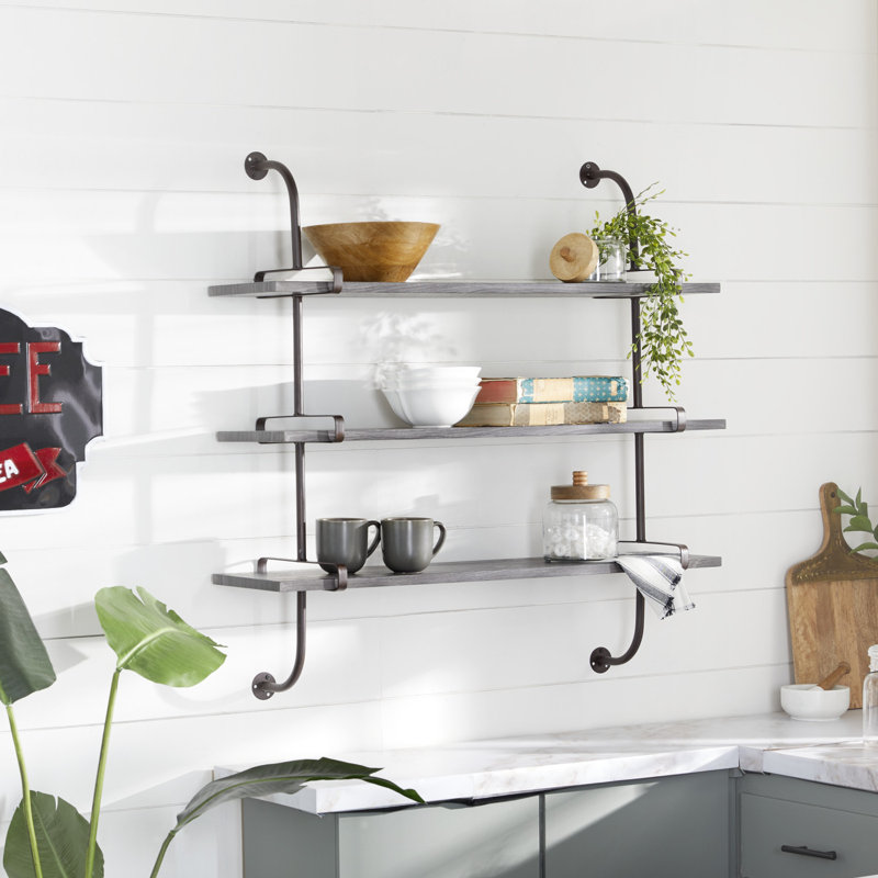 Étagère murale en bois à 3 niveaux avec supports en métal noir Amie, Gris / brun