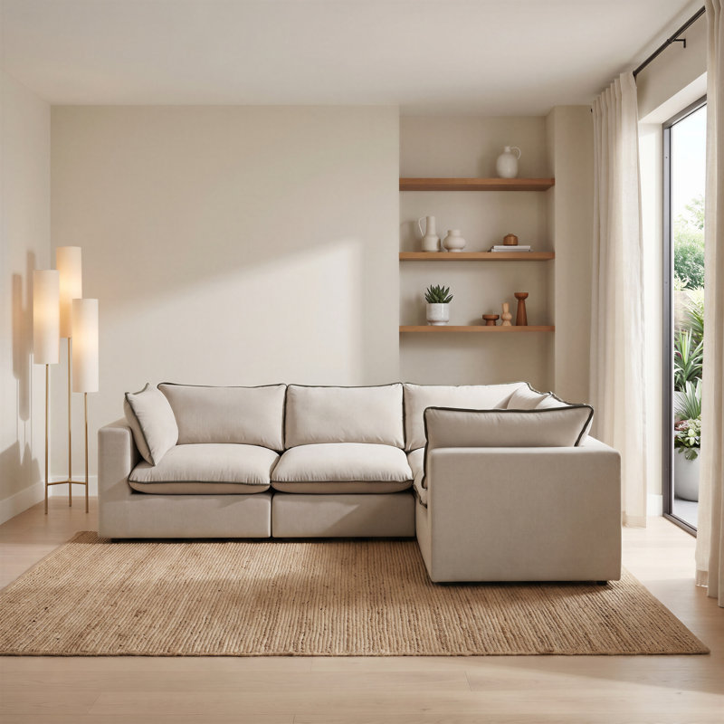 Alexa Boucle Sofa, Cream/Green, 3 Seat Corner Sofa