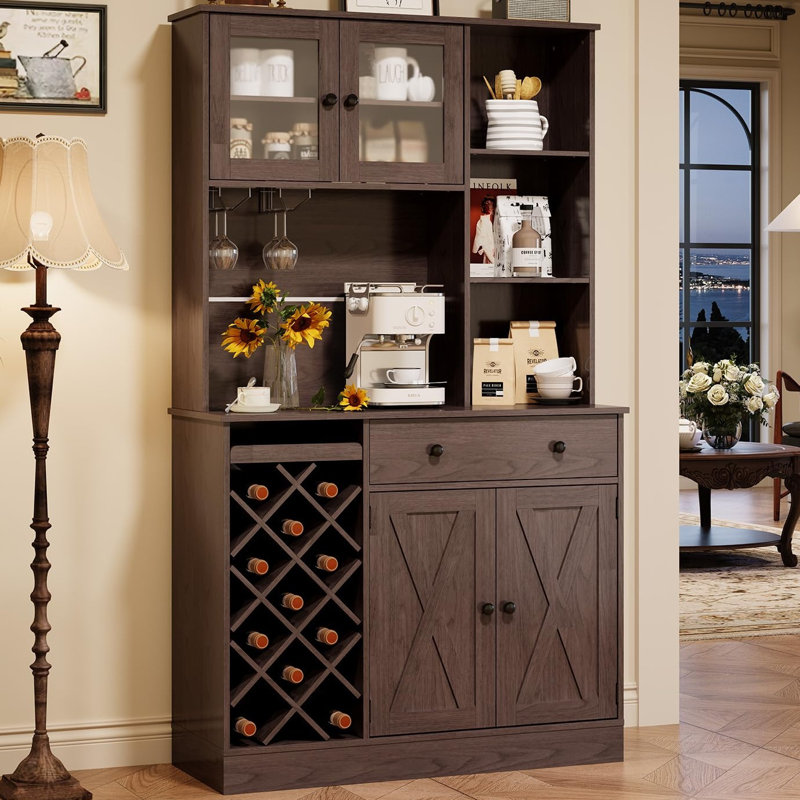 Armoire à café et à vin H 71 po avec support pour 11 bouteilles, tiroirs, tablettes, station de charge intégrée, Brun