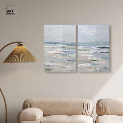 Seaside Strokes Coastal Pair Canvas Print Gold Boho Wall Decor Set by Art Remedy, Silver Frame, 24 x 36