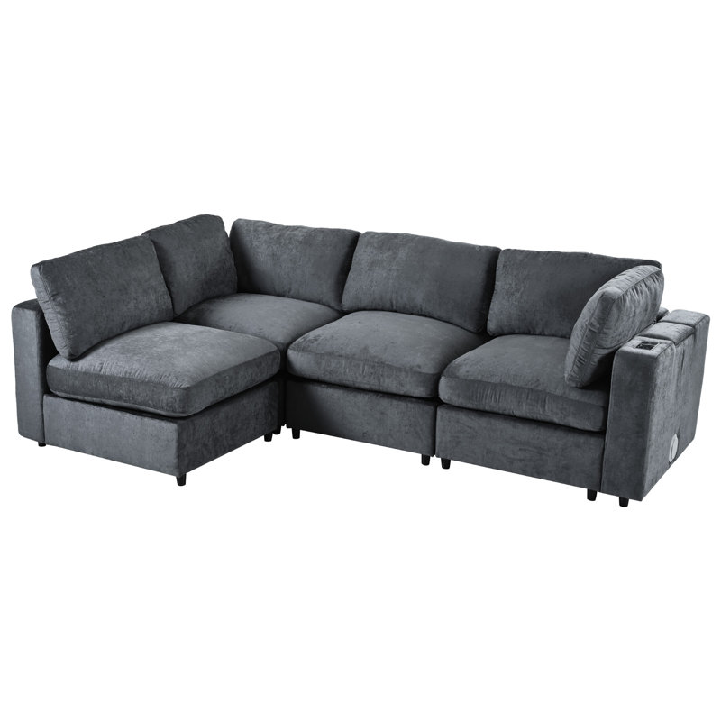 113" Modern Sectional Sofa With Chenille Fabric And Smart Charging, Gray Chenille