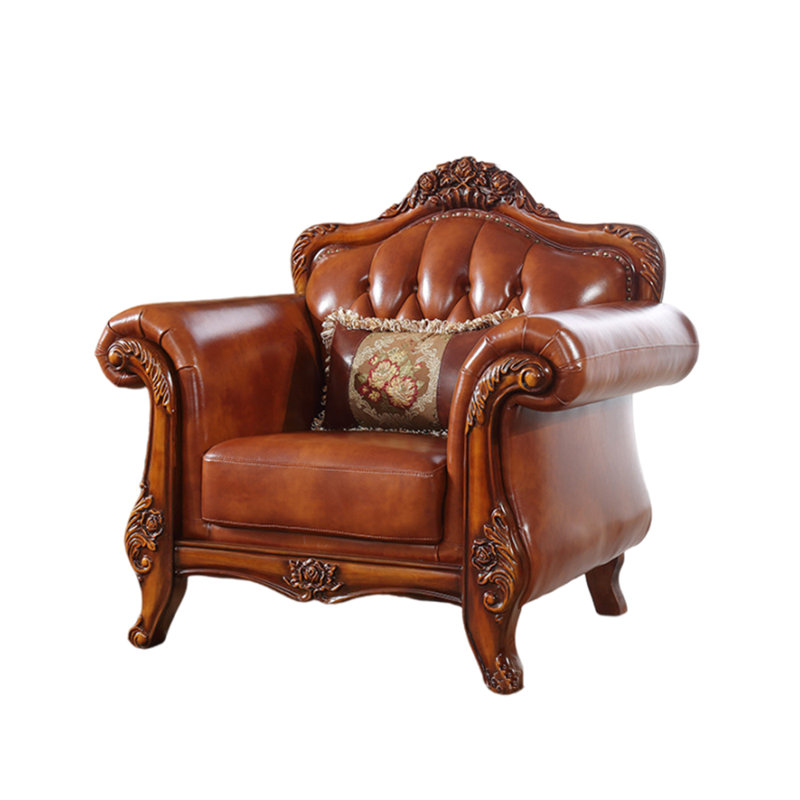European-style Living Room Carved Chair. Leather Armchair