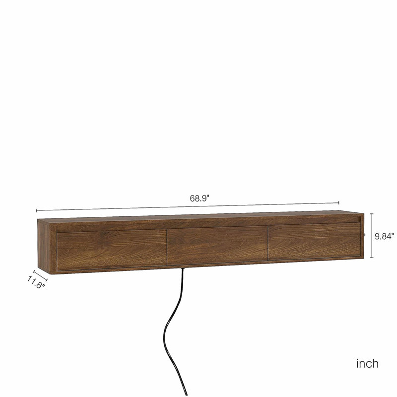 Meuble télé flottant, étagère murale avec lumières DEL et prise de courant, Bois