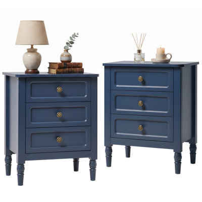 Blazek Vintage 3-Drawer Nightstand with Solid Wood Legs & Round Corners, Accent End Table with Anti-Tip Hardware,Set of 2