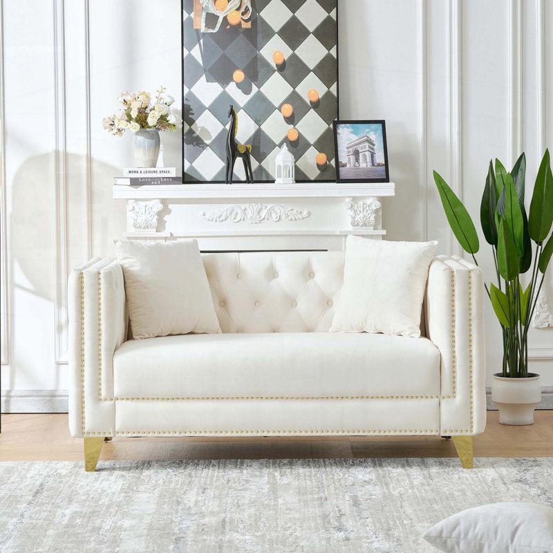 Canapé Chesterfield 2 places avec velours, Beige
